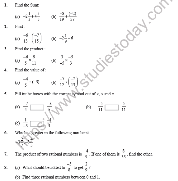 Rational Numbers Class 7 Worksheet Cbse